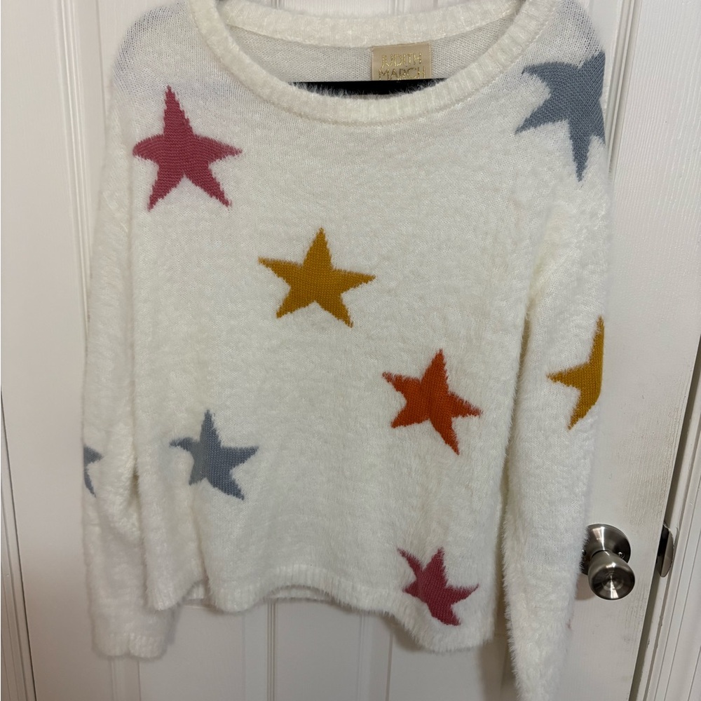 Judith March White Fuzzy Knit Multi-Color Star Oversized Sweater